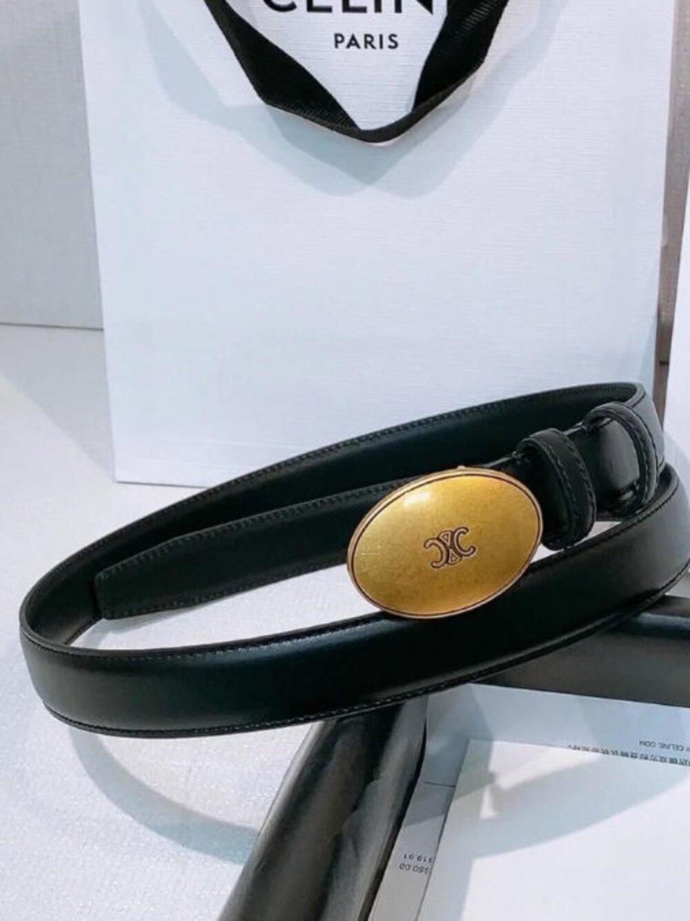 Celine Black Leather Belt with Oval Gold Buckle – Size 90cm, With Original Box